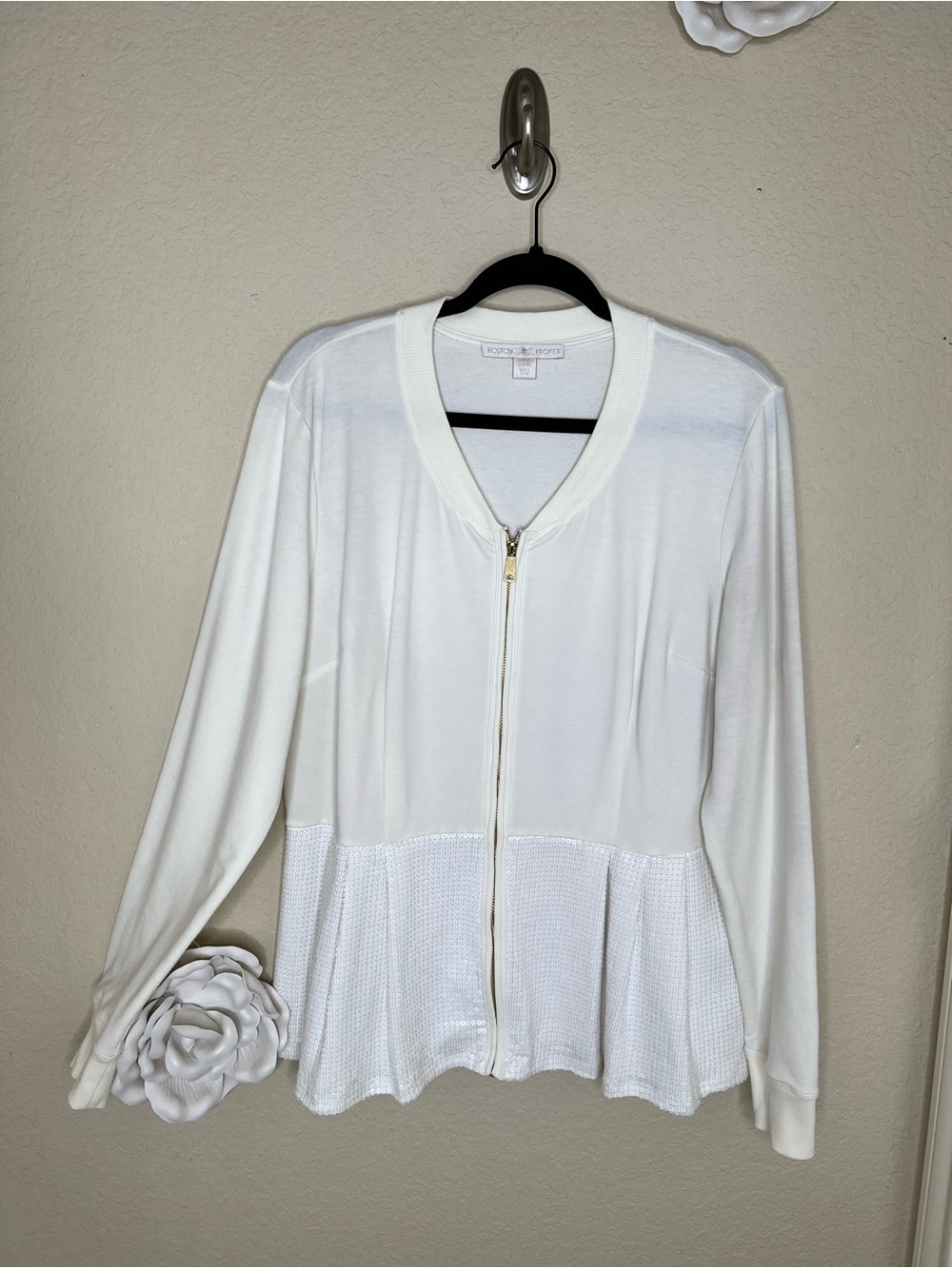 NTM: Boston Proper Sequin Peplum Zip Front Jacket Ivory White XL